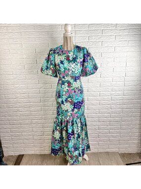 Feiman Floral Puff Sleeve Mermaid Ruffle Maxi Dress Fishtail Flounce Skirt Large